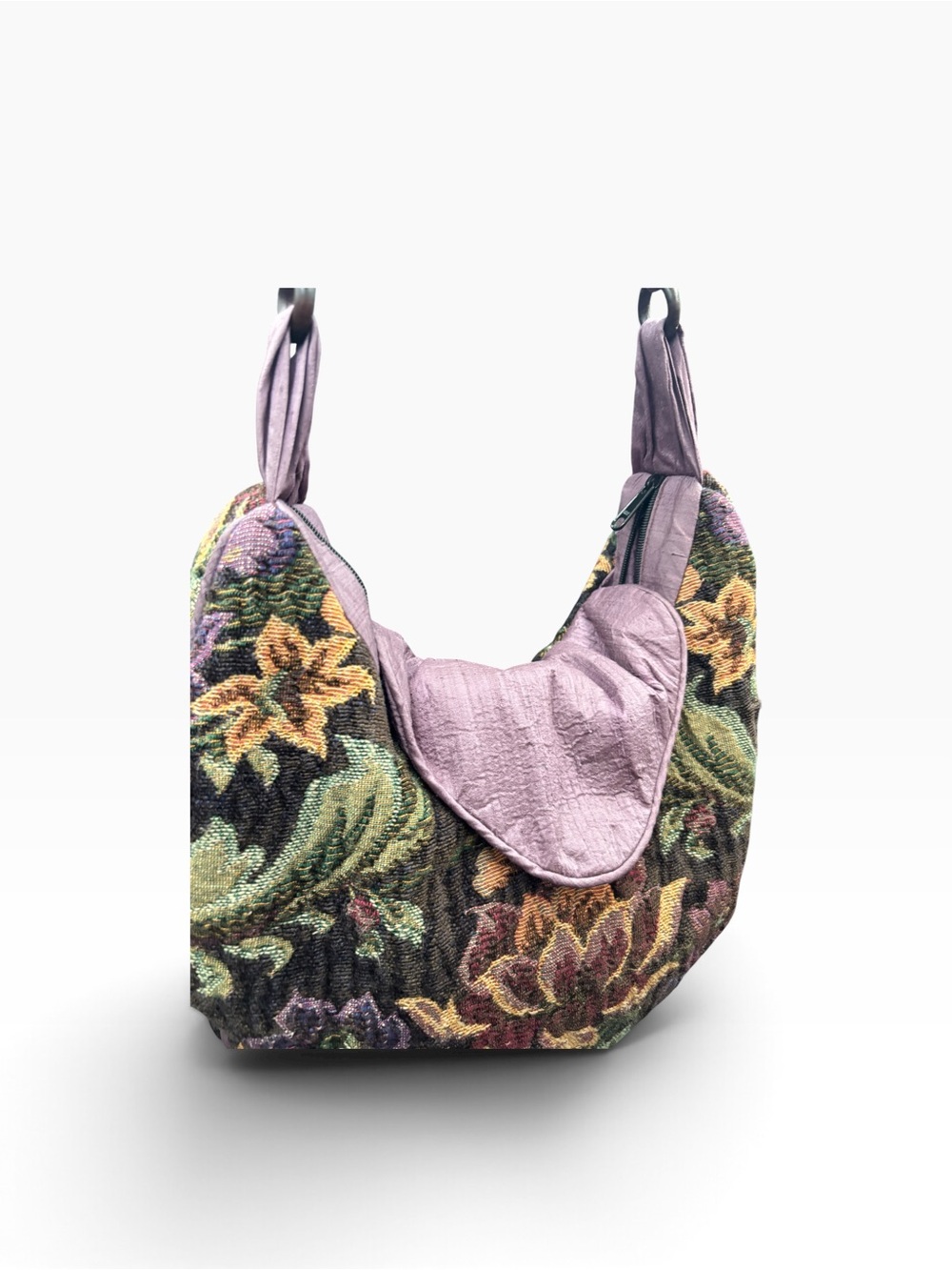 Floral Tapestry Hobo Shoulder Bag Beaded Strap Mauve Boho 17x15 - Picture 6 of 15